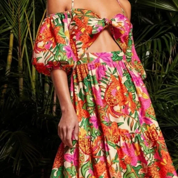 tie neck off shoulder puff sleeve cutout tropical print dress vacay summer cute - Picture 7 of 7